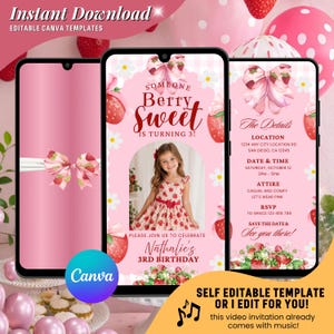 May include: A digital birthday invitation template featuring a pink strawberry theme with white daisies and bows. The design includes text such as Someone Berry Sweet Is Turning 3, Nathalie's 3rd Birthday, and event details like location, date, time, and RSVP information.