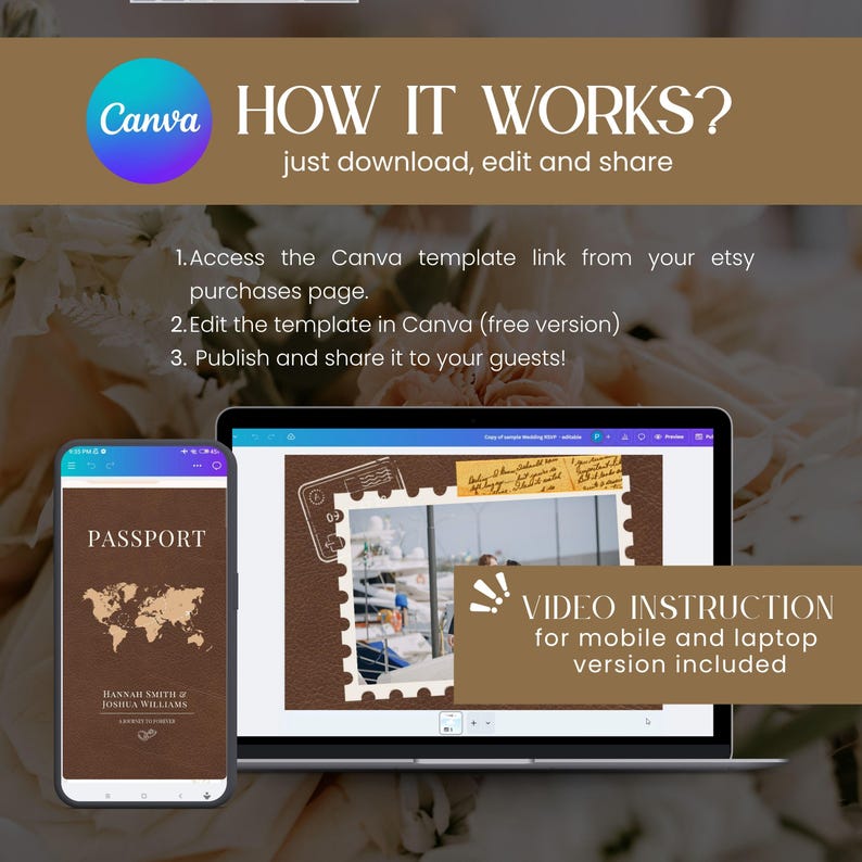 May include: A digital wedding invitation template displayed on a laptop and smartphone. The laptop screen shows a photo within a postage stamp design. The smartphone displays a passport design. Text includes "Canva", "How it works?", and "Video instruction".