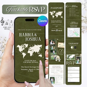 Può includere: Un modello di invito a nozze digitale con uno sfondo color verde oliva scuro effetto pelle, una mappa del mondo, testo bianco con i nomi Hanna e Joshua, dettagli dell'evento, una pellicola fotografica e una sezione RSVP interattiva.
