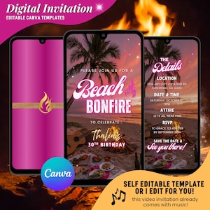 Puede incluir: Plantilla de invitación digital para una fiesta de hoguera en la playa. El diseño presenta un esquema de color rosa y dorado con una escena de playa, hoguera y palmeras. Incluye detalles de la fiesta y el logotipo de Canva.