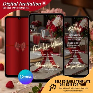 May include: Digital invitation template for a 40th birthday, featuring a wine theme. The design includes a red bow, wine glass, and text that reads "Fine like Wine." The invitation is editable in Canva.