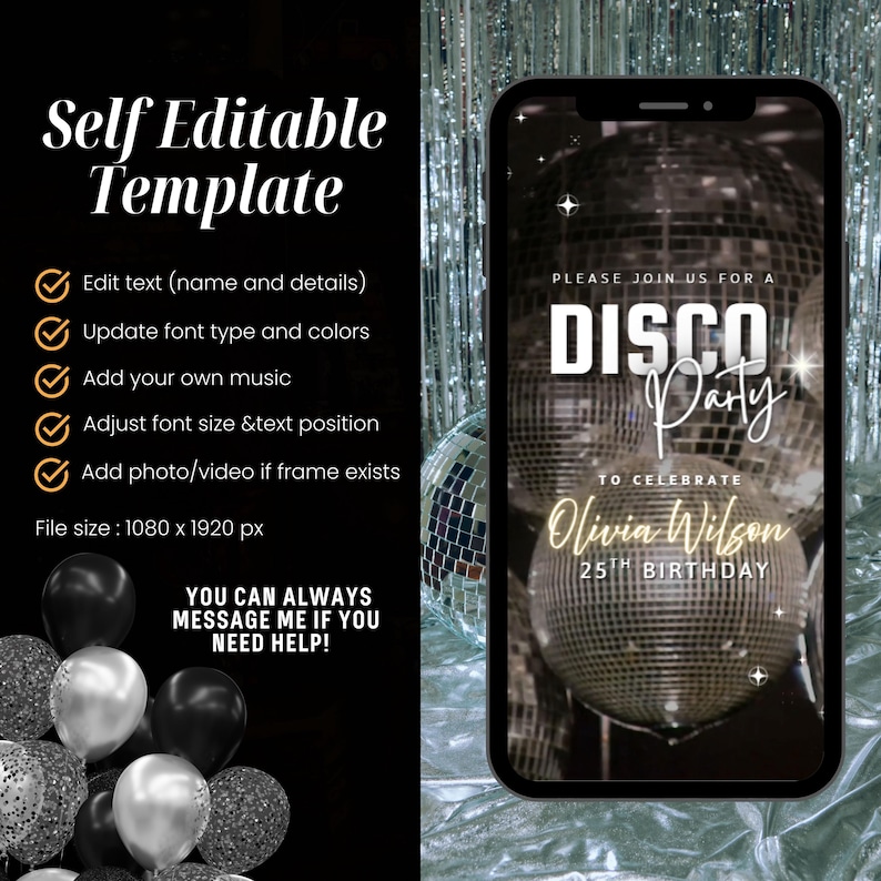 Op de afbeelding: Een zwarte en zilveren disco-party uitnodigingstemplate met een grote discobal en de tekst "PLEASE JOIN US FOR A DISCO PARTY TO CELEBRATE Olivia Wilson 25TH BIRTHDAY".