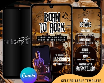 May include: Digital invitation template on a smartphone screen with the text "Born to Rock" and event details. The design includes a drummer, musical notes, and the Canva logo. The invitation is for Jackson's 20th birthday.