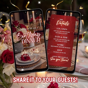 May include: Two smartphones display a birthday dinner invitation. The invitation features elegant script with the text "Birthday Dinner" and details for Mari Smith's 25th birthday. The background includes flowers, wine glasses, and a table setting.