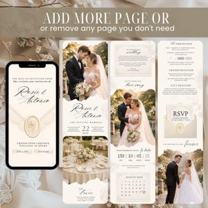 May include: A digital wedding invitation template displayed on a smartphone and vertical panels, featuring cream-colored backgrounds, elegant script typography, photographs of a couple, event details, a countdown timer, and a calendar for August 202X.