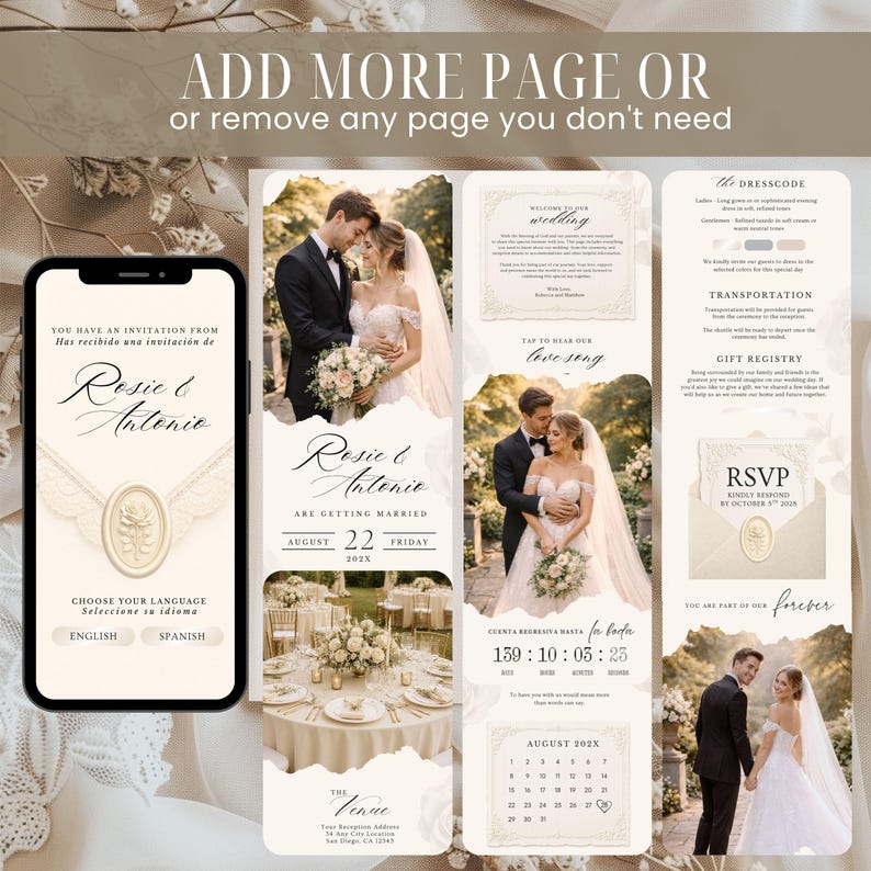 May include: A digital wedding invitation template displayed on a smartphone and vertical panels, featuring cream-colored backgrounds, elegant script typography, photographs of a couple, event details, a countdown timer, and a calendar for August 202X.