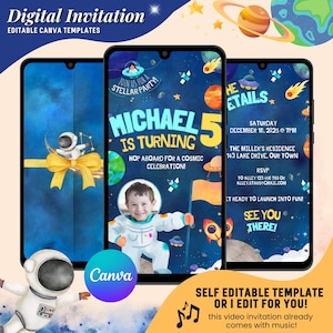 Invito video digitale per compleanno bambini astronauta, inviti per bambini a tema Space Shuttle, inviti video digitali per feste di compleanno a tema galassia e universo
