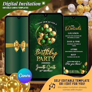 Birthday Party Invitation, Elegant Digital Birthday Party Invite, Green Gold Birthday Video Invitation, Emerald Green Balloons Formal