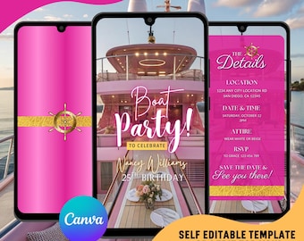 Video-verjaardagsuitnodiging roze boot, e-vite voor jachtfeest: bewerkbare sjabloon