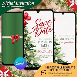 Puede incluir: Plantillas digitales de invitación a fiesta navideña en smartphones. Las invitaciones presentan un diseño de árbol de Navidad, lazos rojos y el texto "Save the Date". El logotipo de Canva es visible. La invitación es autoeditable o puede ser editada por el vendedor.
