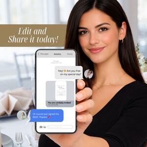 Op de afbeelding: Een vrouw houdt een smartphone vast met een huwelijksuitnodigingsbericht. Het telefoonscherm toont tekstballonnen met de woorden "Hey! Are you free on my special day?" en "You are cordially invited!" De afbeelding bevat ook de tekst "Edit and Share it today!"