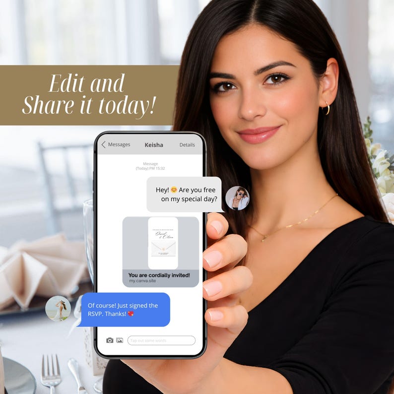 Op de afbeelding: Een vrouw houdt een smartphone vast met een huwelijksuitnodigingsbericht. Het telefoonscherm toont tekstballonnen met de woorden "Hey! Are you free on my special day?" en "You are cordially invited!" De afbeelding bevat ook de tekst "Edit and Share it today!"