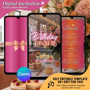Modern Birthday Dinner Video Invitation, Pink and Orange Theme Birthday Animated Invitation, Editable Elegant Pink Birthday Digital Evites