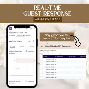May include: A smartphone displays a Google Form for wedding RSVPs, showing 6 responses. The screen includes a chart and a spreadsheet with guest details. Text reads "REAL-TIME GUEST RESPONSE ALL-IN-ONE PLACE."