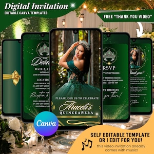 Quinceañera Video Invitation, Emerald Green Sweet 15 Animated Invites, Mis Quince Anos Birthday Digital Invite, Elegant 15th Birthday EVite