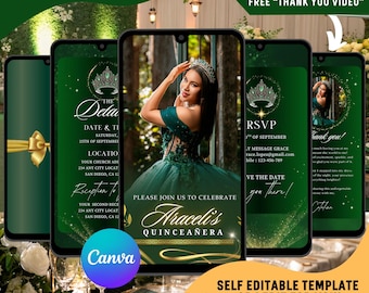 Invitación en video para quinceañera verde esmeralda, elegante y animada (descarga digital)