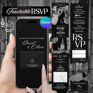 May include: A digital wedding invitation displayed on a smartphone screen featuring a black background with embossed floral patterns, white elegant typography, a central envelope icon, and a vertical layout showing event details, RSVP form, and map.