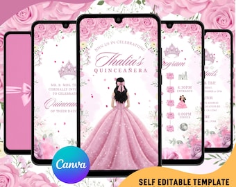 Pink Quinceañera Video Invitation, Editable Canva Template (Instant Download)