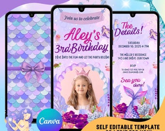 Mermaid Birthday Video Invitation, Under the Sea theme Evites : Editable Canva Template