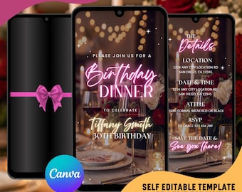 Elegant Birthday Dinner Video Invitation, Pink Floral (Canva Template)