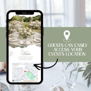 Pu&ograve; includere: Uno smartphone mostra i dettagli di una location per ricevimenti di nozze, tra cui una mappa e un indirizzo. Lo schermo mostra tavoli apparecchiati con centrotavola floreali e posate. Il testo sul telefono recita "The Venue" e "Guests can easily access your event's location."