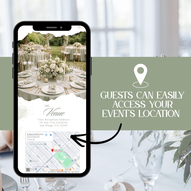 Pu&ograve; includere: Uno smartphone mostra i dettagli di una location per ricevimenti di nozze, tra cui una mappa e un indirizzo. Lo schermo mostra tavoli apparecchiati con centrotavola floreali e posate. Il testo sul telefono recita "The Venue" e "Guests can easily access your event's location."
