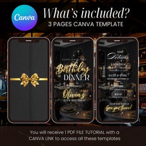 May include: Three smartphone screens displaying a birthday dinner invitation template. The first screen shows a gold bow on a black background. The second screen says "Birthday Dinner" with the name "Olivia's" and "25th Birthday". The third screen shows event details.