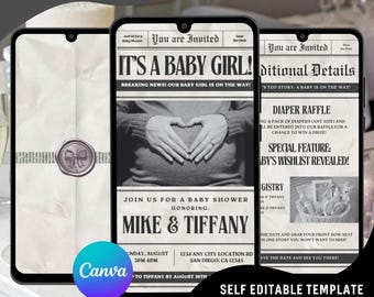 May include: Digital invitation template for a baby shower, featuring a newspaper-style design. The invitation reads "It's a Baby Girl!" and includes details for Mike & Tiffany's baby shower. The Canva logo is visible.