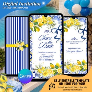 May include: Digital invitation templates on smartphones. The designs feature blue and white stripes, lemons, and floral arrangements. Text includes "Save the Date" and "Jennifer's 40th Birthday". The Canva logo is visible.