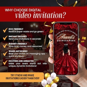 May include: A smartphone displays a digital quincea&ntilde;era invitation with a red rose background and the text "Araceli's Quincea&ntilde;era." The image promotes digital video invitations, highlighting eco-friendliness, instant delivery, and budget-friendly options.