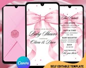 Pink Bow Baby Shower Video Invitation, Baby Girl Invites, Editable Canva Template (Digital Download)