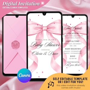 Pink Bow Baby Shower Video Invitation, Baby Girl Invites, Editable Canva Template (Digital Download)