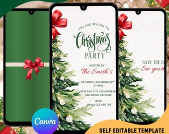 May include: Digital Christmas party invitation template on three smartphones. The invitation features a Christmas tree design, red bows, and the text "Christmas Party." The Canva logo is visible.
