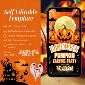 Może przedstawiać: Cyfrowe zaproszenie na imprezę Halloween na smartfonie. Projekt zawiera wydrążone dynie, pełnię księżyca i tekst "Halloween Pumpkin Carving Party". Szablon jest edytowalny, z instrukcjami i rozmiarem pliku 1080 x 1920 px.