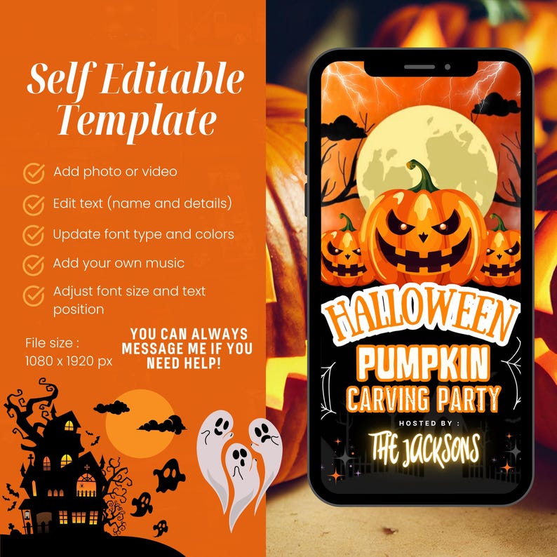 Może przedstawiać: Cyfrowe zaproszenie na imprezę Halloween na smartfonie. Projekt zawiera wydrążone dynie, pełnię księżyca i tekst "Halloween Pumpkin Carving Party". Szablon jest edytowalny, z instrukcjami i rozmiarem pliku 1080 x 1920 px.