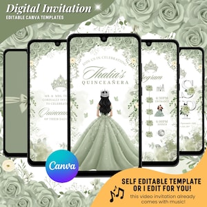 May include: Digital invitation template for a Quincea&ntilde;era, featuring a design with a young woman in a green gown, a crown, and floral accents. The invitation includes event details and the text "Thalia's Quincea&ntilde;era". The template is editable in Canva.