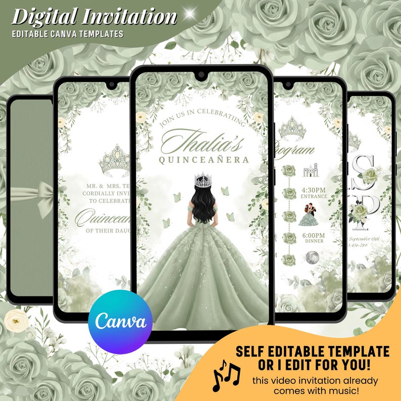 May include: Digital invitation template for a Quincea&ntilde;era, featuring a design with a young woman in a green gown, a crown, and floral accents. The invitation includes event details and the text "Thalia's Quincea&ntilde;era". The template is editable in Canva.