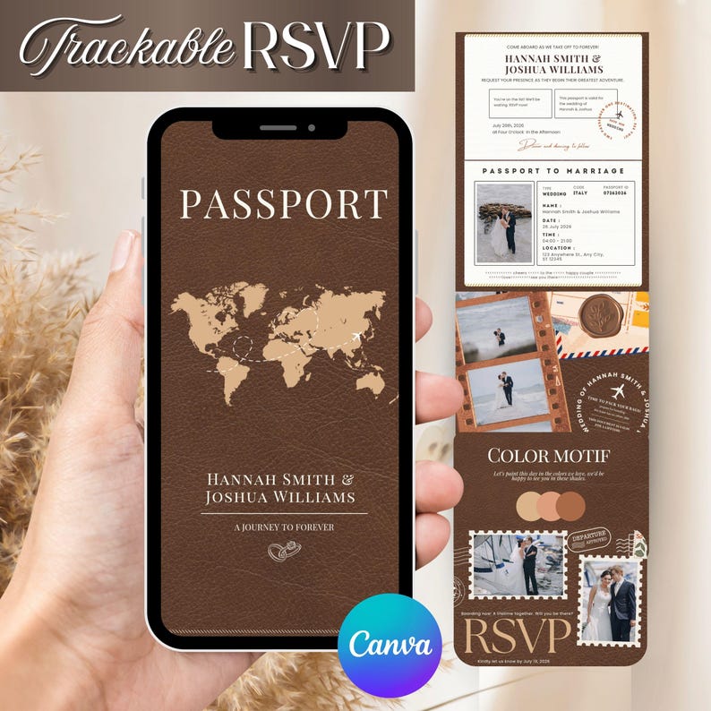 May include: A smartphone displays a brown passport design with a world map and the text "PASSPORT". Additional wedding-themed stationery includes a passport to marriage card, photos, and RSVP details. The Canva logo is visible.