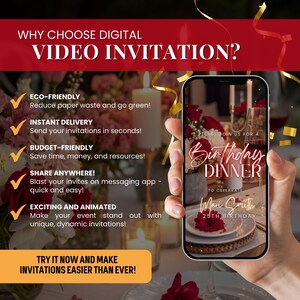 May include: A smartphone displays a digital birthday dinner invitation. The image includes text about the benefits of digital invitations, such as being eco-friendly, instant delivery, and budget-friendly. The background features a festive dinner setting.