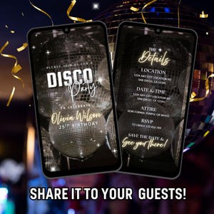 Op de afbeelding: Een digitale uitnodiging voor een discofeest om de 25e verjaardag van Olivia Wilson te vieren. De uitnodiging heeft een zwarte achtergrond met zilveren discoballen en gouden tekst. De tekst bevat de datum, tijd, locatie, kledingvoorschrift en RSVP-informatie.