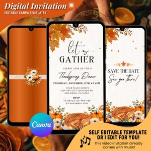 Moderne Thanksgiving Dinner Video-Einladung, Türkei Friendsgiving Party animierte Einladungen, bearbeitbare Herbstparty Thanksgiving Dinner Einladungen