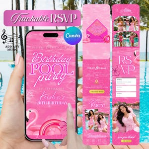May include: A pink digital invitation for a birthday pool party, featuring the text "Birthday Pool Party" and "Keisha's 20th Birthday." The design includes a flamingo and the words "Trackable RSVP" and "Add Any Music."