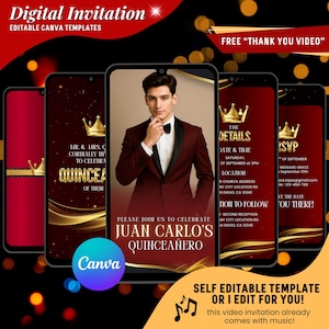 May include: Digital invitation template for a Quinceañero celebration. The design features a young man in a burgundy suit, with gold crowns and text on a dark red background. The Canva logo is visible.