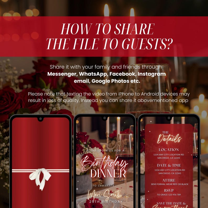 May include: A red and white birthday dinner invitation design displayed on three smartphones. The invitation includes details like location, date, time, and attire. The top banner reads "HOW TO SHARE THE FILE TO GUESTS?"