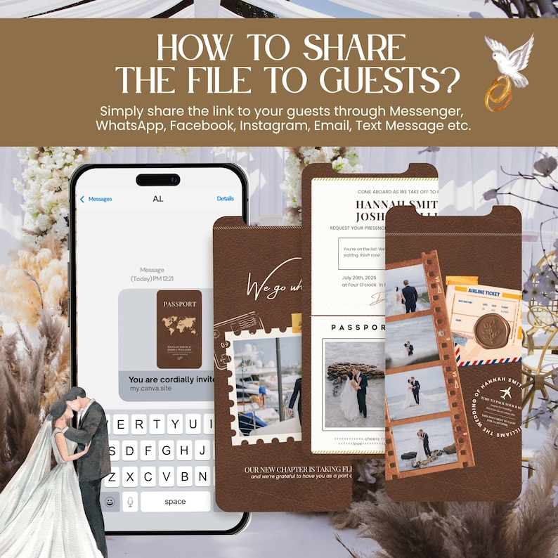 May include: A digital wedding invitation design with a brown leather texture. The design includes a smartphone displaying a message, and other invitation cards. The text reads "HOW TO SHARE THE FILE TO GUESTS?" and "You are cordially invited".
