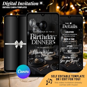 Op de afbeelding: Digitale uitnodigingssjabloon voor een verjaardagsdiner, met een zwart-wit ontwerp en de tekst "Verjaardagsdiner" en evenementdetails. De uitnodiging is ontworpen voor gebruik met Canva.