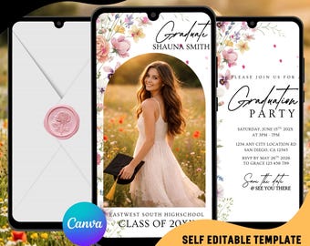 May include: Digital graduation invitation template displayed on three smartphones. The central phone shows a graduate in a field of flowers. The invitation includes the graduate's name, party details, and the Canva logo.