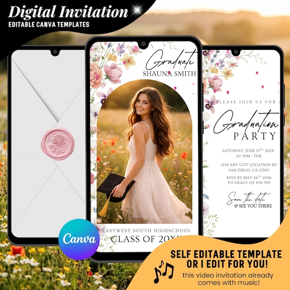 Wildflower Graduation Invitation, College or Highschool Floral Grad Video Invites, Editable Template : Instant Download