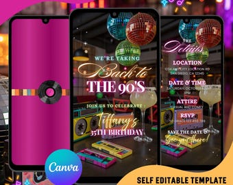 Retro 90s Birthday Video Invitation, Neon Party, Editable Canva Template