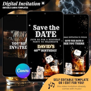 May include: Digital invitation template with a black background, featuring three smartphone mockups. The central phone displays "Save the Date" for a 40th birthday, with a whiskey glass graphic. The other phones say "You're Invited" and "Save the Date & See You There".